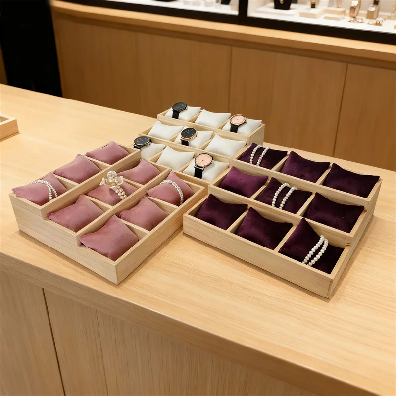 

High-quality Bamboo Wood Jewelry Storage Display With 9 Compartments Pillow Jolding Watches Bracelets Display Tray Jewelry
