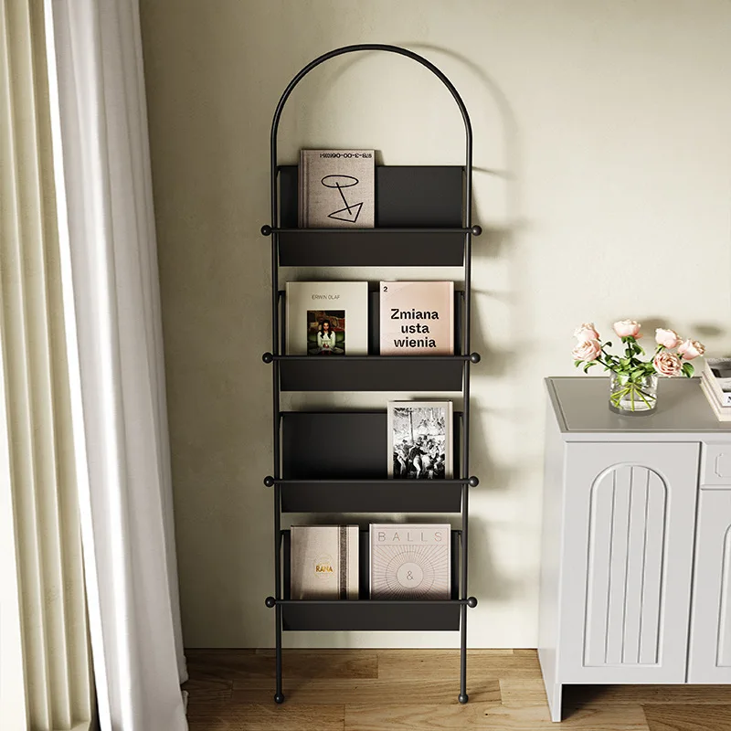 Bookshelves, floor-to-ceiling, wrought iron against the wall, living room, magazine shelves, black second-hand