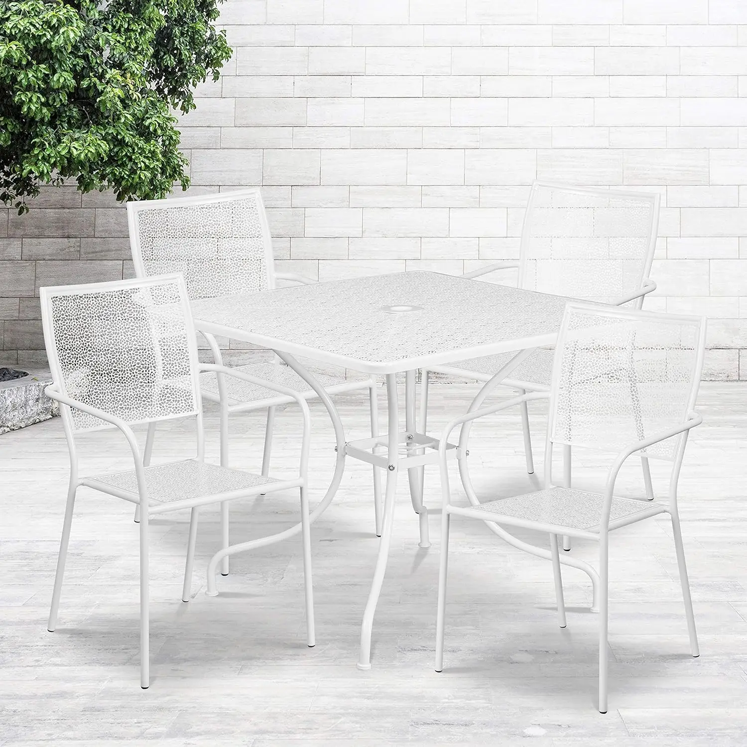 

Commercial Grade 35.5" Square White Indoor-Outdoor Steel Patio Table & 4 Chairs Set, Customized