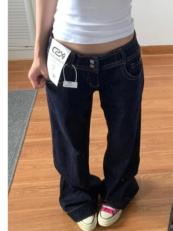 American Style High Waist Loose Straight Leg Jeans Women's Autumn New Washed Blue Deconstructed Feeling Slimming Pants