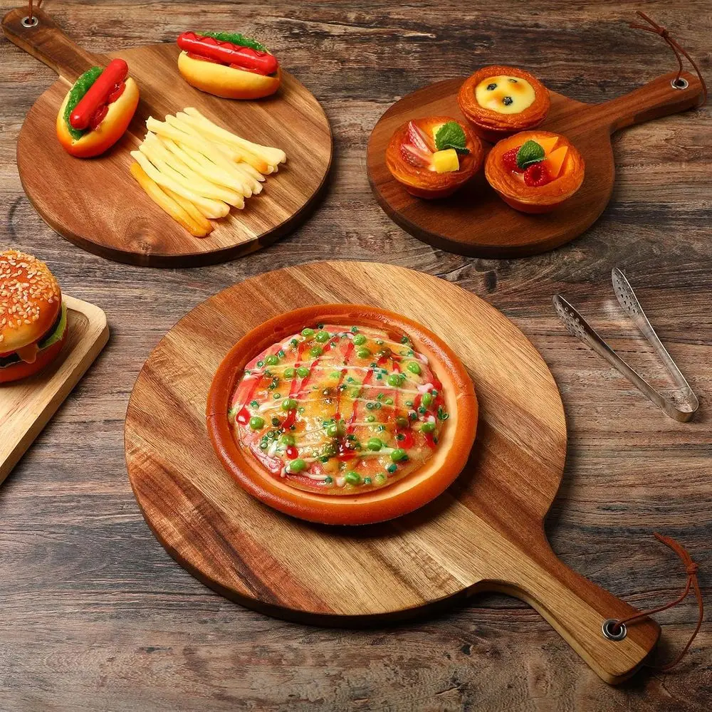 Conjunto de 15 placas de madeira de acácia com alça - grande, médio e pequeno para servir, cortar e assar