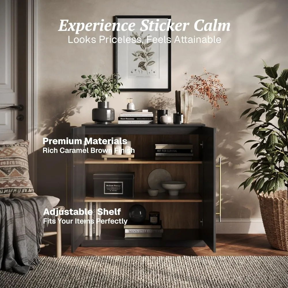 Aparador modular BELLEZE com portas de madeira de arco duplo, armário pequeno de buffet arqueado com armazenamento e prateleiras ajustáveis, clássico M