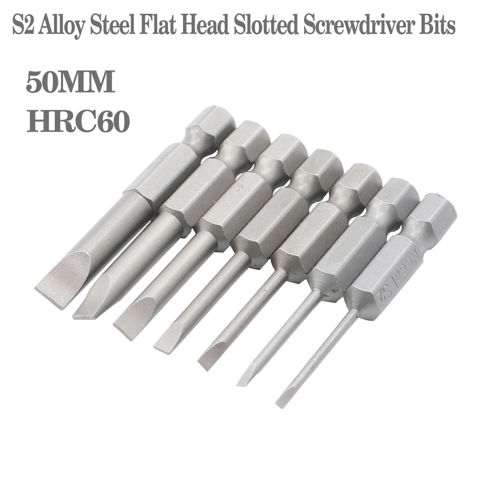 7pcs 50mm Multifunctional S2 Alloy Steel Screwdriver set 1.6-6.0mm Flat Head Slotted Tip Magnetic Slotted Screwdrivers Bits