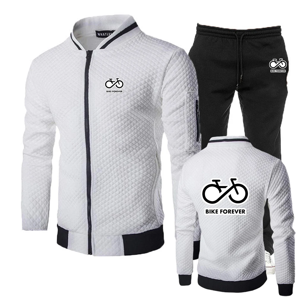 2025 Spring And Autumn Men's New Bike Forever Print Slim-fit Set Stand-up Collar Casual Jacket+Trouser Sports Suit