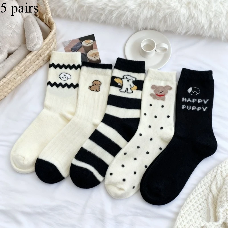 

5p New Autumn Vintage Fleece and Thick Women's Socks, Cute Cartoon Dog Pattern, Mid-calf Socks, Soft and Warm Round-neck Socks
