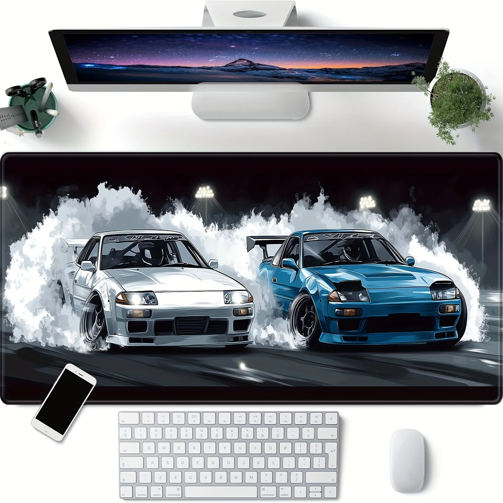 Extended Gaming Mouse Pad with Non-Slip Rubber Base Drift Car JDM R34 Desk Mat Rubber for Computer Keyboard Office Supplies Desk