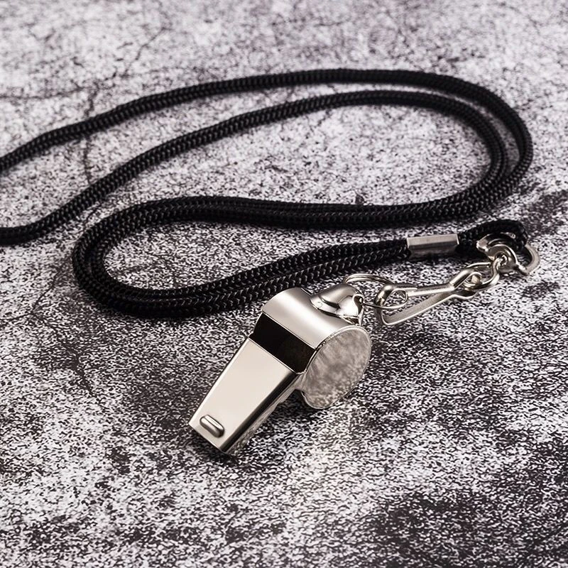 1Pc Stainless Steel Whistle With Black Lanyard Rope For Outdoor Sports 4.6*1.8*2.1cm