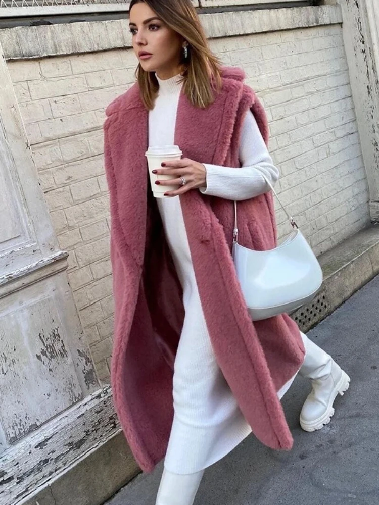 

MENINA BONITA Real Fur Long Coat Winter Jacket Women 100% Wool Woven Fabric Warm Vest Loose Outerwear Oversize Streetwear Teddy