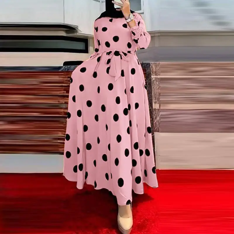 Muslim printed polka-dot long-sleeved loose swing dress woman