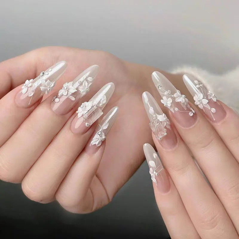 10PCS 3D Floral Press On Nails Long Stiletto Nude Pink Gradient Fake Nails Full Cover Wearable for Korea girls&Wedding Party