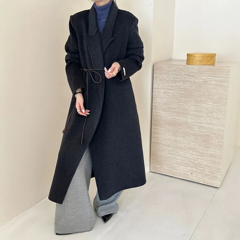 EAEOVNI 기품 있는 100% 울 롱코트 여성 패션 솔리드 컬러 레이스업 디자인 오피스 레이디 재킷 2025 가을 겨울 신상