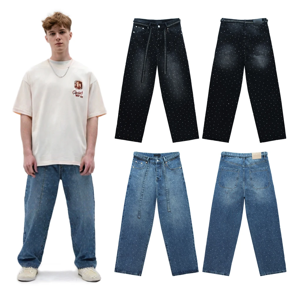 Y2k Streetwear Fashion Loose Jeans with Full Rhinestones Hip Hop Street Style Cotton Distressed Vintage Casual Baggy Pants Men's