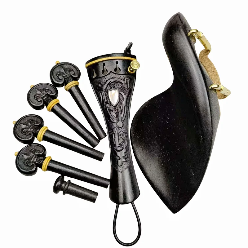 

Ebony Wood Set Carved Patterns Violin Fittings Peg Tailpiece Chinrest Endpin Installed Screw Fine-tuner Tail Gut