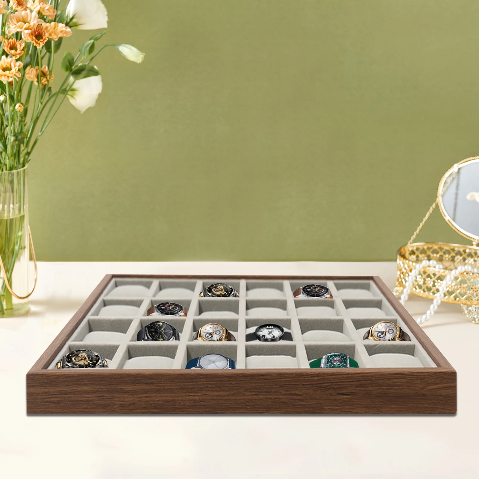 กล่องเก็บนาฬิกา 24 ช่อง กล่องโชว์นาฬิกา กล่องนาฬิกาไม้ กล่องของขวัญนาฬิกา กล่องจัดระเบียบนาฬิกาสำหรับผู้ชาย (สีน้ำตาลอ่อน)