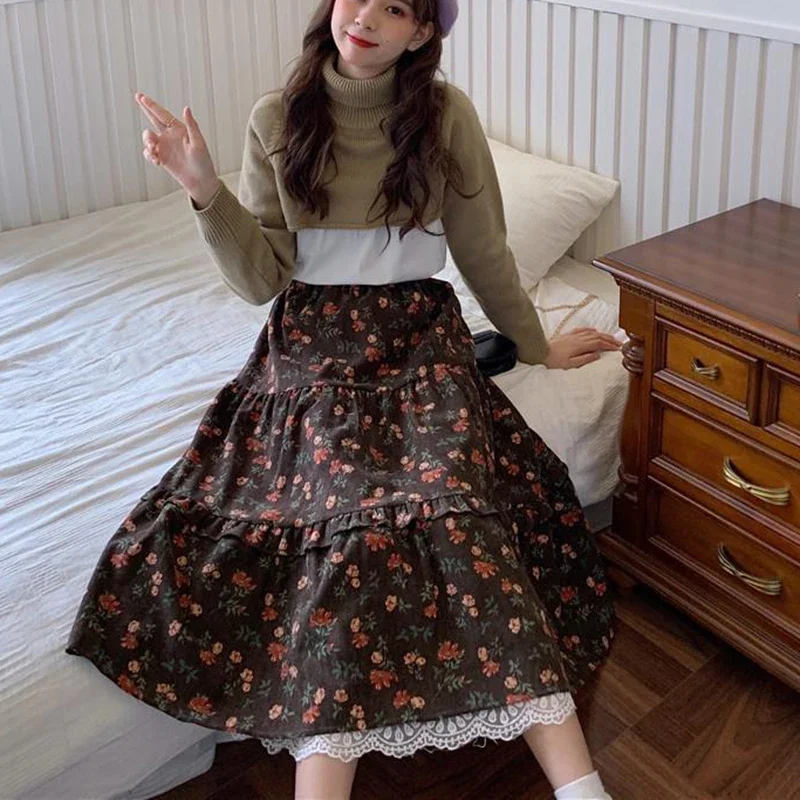 Vintage Lace Printed Skirt for Women Korean Elastic High Waist Long Skirts Woman Ruffle Pleated A Line Skirts Female