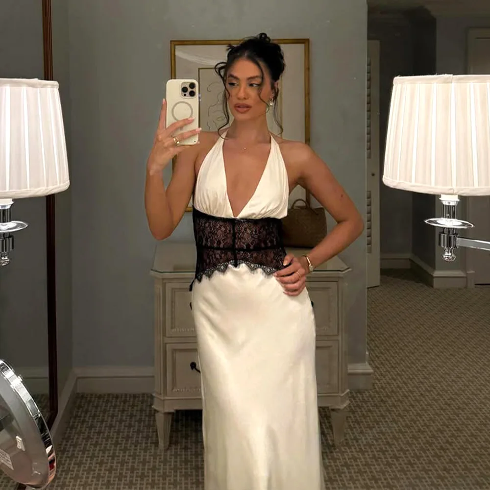 2025 Summer Elegant Deep Soft Satin Party Dress Halter V Neck Hollow Out Lace Patchwork Backless Sexy Lady Club Dresses