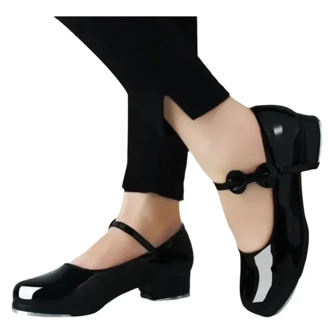 Black And White Tap Shoes Women Girls Kids Tap Dance Shoes Bow Tie Mary Jane Style Shiny Patent PU Leather Size 26-40