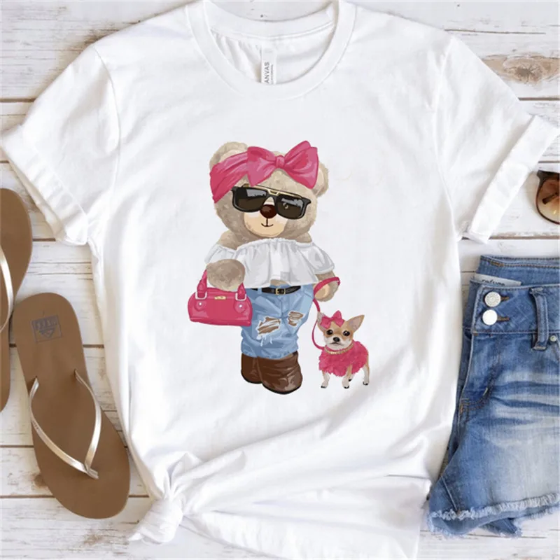 Fashion Graphic T-shirt Women Cute Bear Short-sleeved Clothes Women Print T-shirt Summer 90\'s Fashion Style Women T-shirt