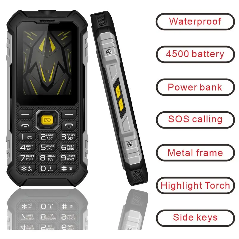 EAOR 2G IP68 Waterproof Feature Keypad 4500mAh Power Bank Volume Side Key High Brightness Torch SOS One Click Dialing Phone