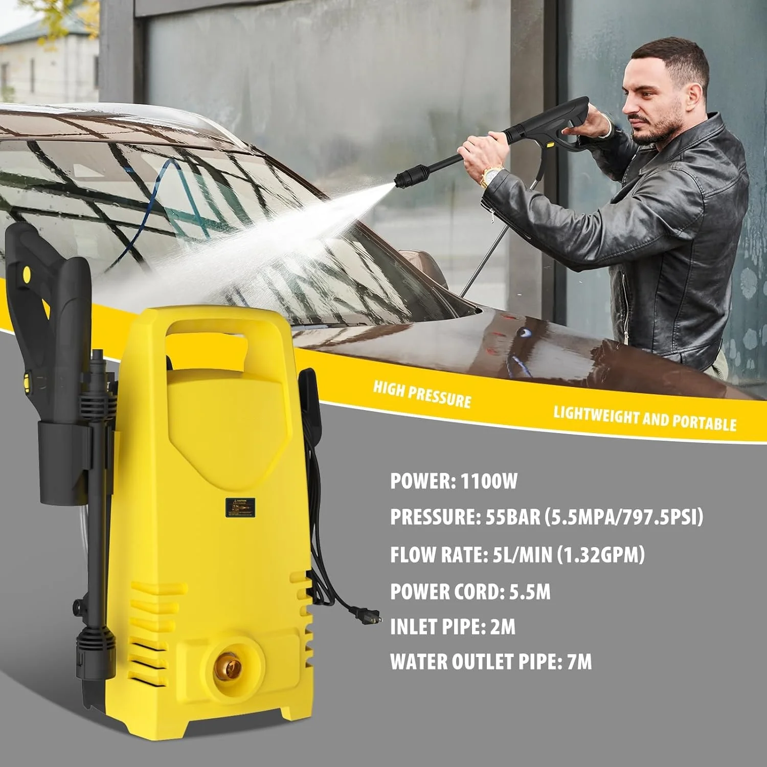 BRIEFNESS Car Wash Gun Electric High Pressure Washer Cleaning Cars with 1-180° Adjustable Nozzle and Detergent Tank