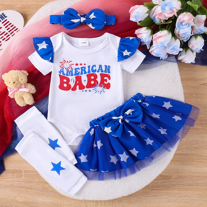 

4th Of July Baby Girl Outfits Newborn Clothes Fourth Of July Romper Flag Shirt Toddler Tutu Skirt Headband 3Pcs Set