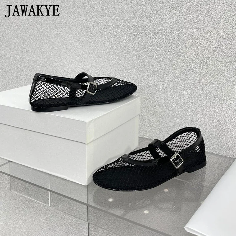 Designer New Fish Net Ballet Flats Shoes Women Black Leather Ladies Hollow Flat Shoes Summer Mesh Vacation Beach Shoes For Women