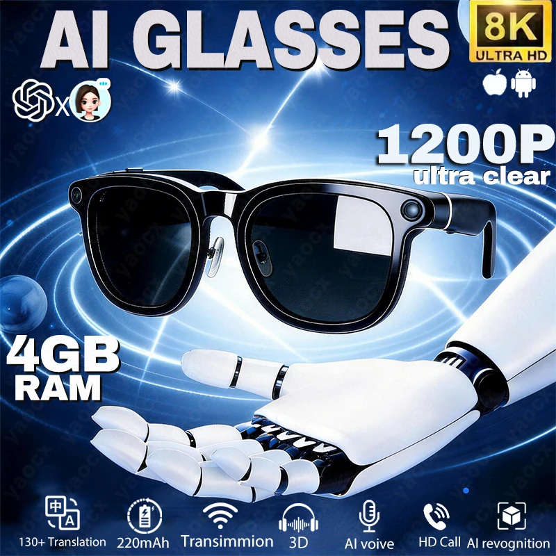 

2026 New AI Smart Glasses 800W HD Camera Glasses Photo Recognition Video Record Translation Call Waterproof Sunglasses Men Women