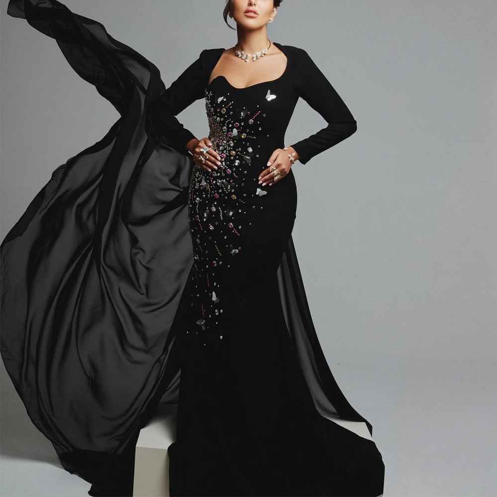 Customized Crystal Embellished Evening Dress with Detachable Train Sweetheart Long Sleeve Winter Formal Occasion Dresses
