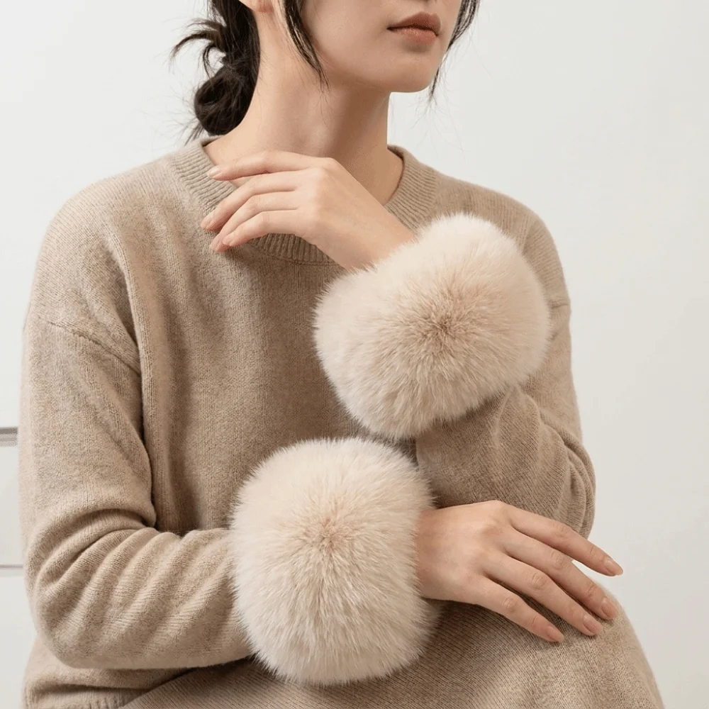 Durable Solid Color Faux Fur Wrist Cuffs Keep Warm Soft Jacket Arm Warmers Decorative Elastic Plush Sleeve Covers Office