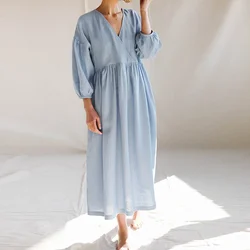 Casual Cotton Linen Summer Women Dress Sexy V-Neck Patchwork Korean Fashion Holiday Beach Party Dress With Pockets