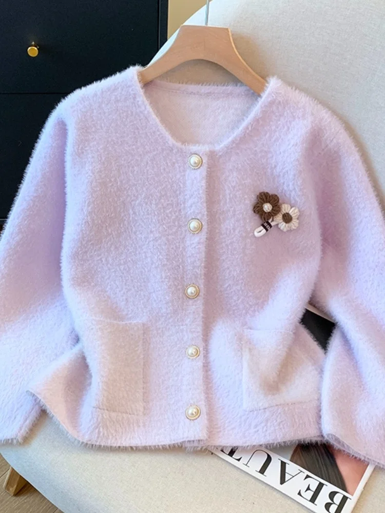 

Women's Knitted Sweater Cardigan Faux Mink Trim 3D Flower Embellied Autumn Winter New Sle Small Fraance Sle Top