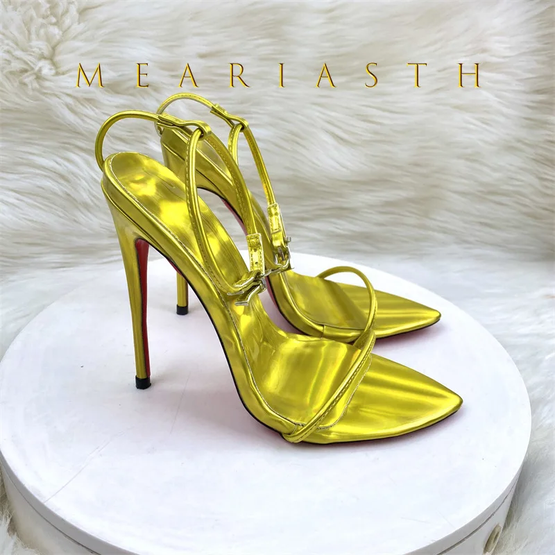 

2025 Summer New Laser Purple Fashion open toe Ultra fine One line Buckle with Thin high Heels Sandals Sexy Fashion Large Size 44