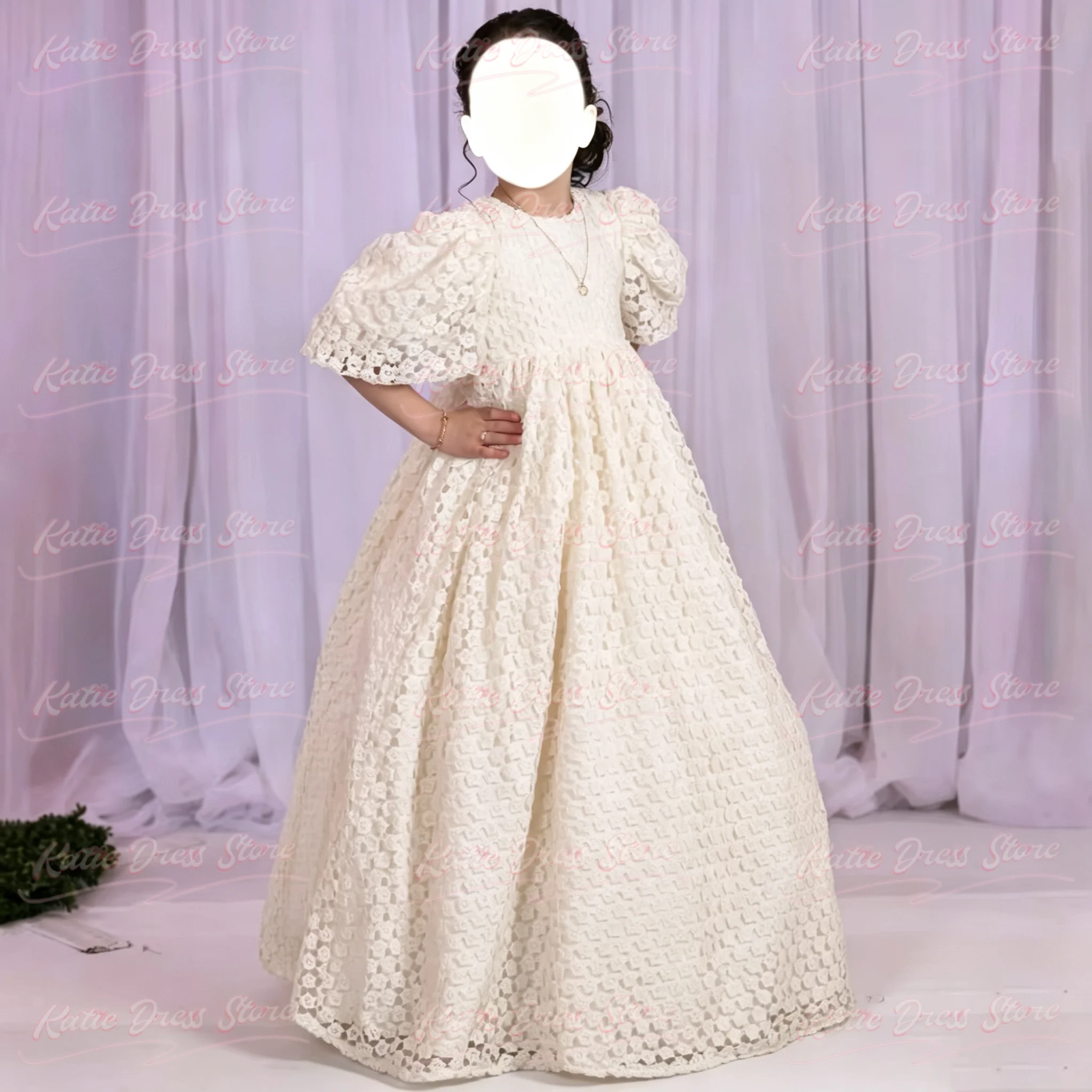 Customized Flower Girl Dress for Wedding Balloon Sleeve High Neck Hollow Out Lace Kids Birthday Party First Communion Ball Gown