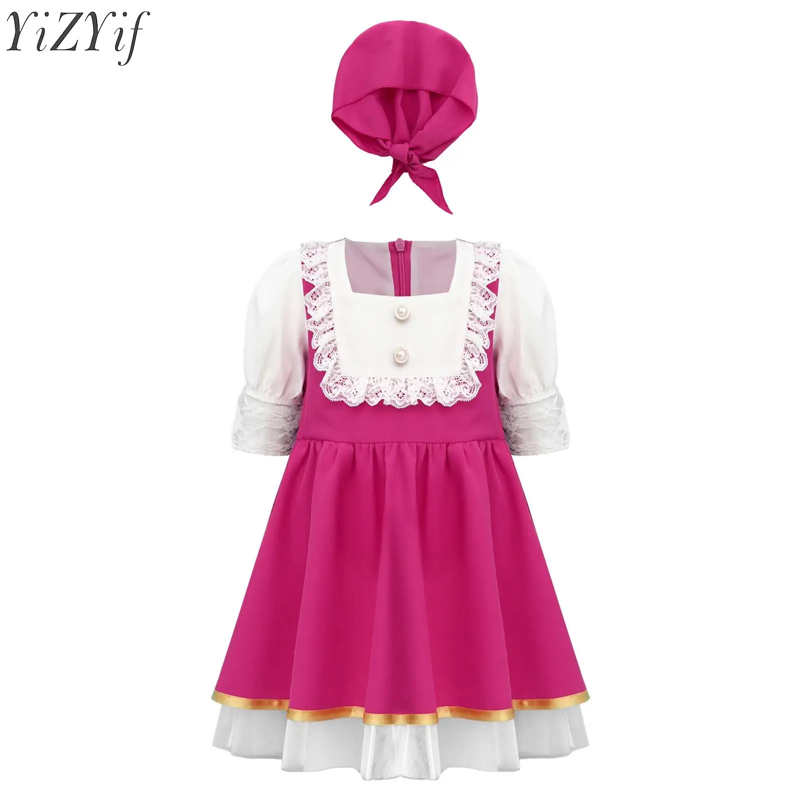 Toddler Baby Girls Birthday Princess Dress Square Collar Short Sleeve Lace Dress Layered Ruffle Mesh Tulle Skirt with Headband