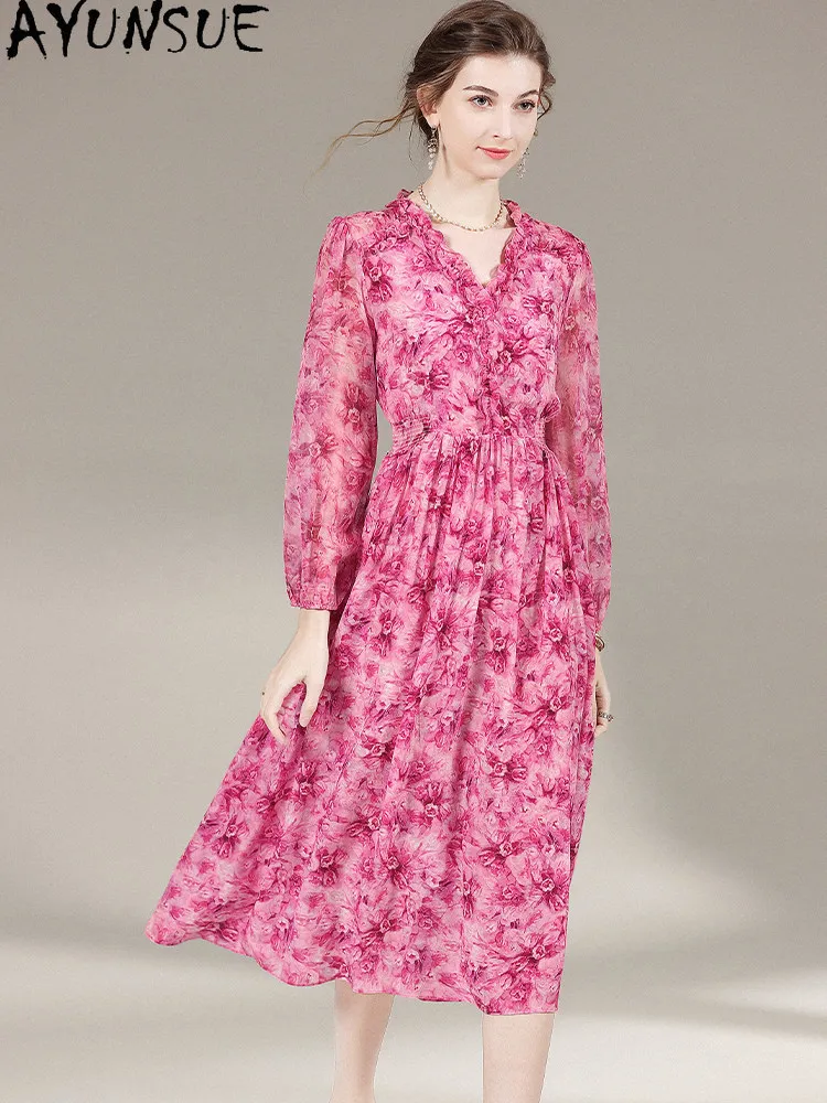 AYUNSUE 100% Real Mulberry Silk Womens Dresses Elegant Dresses for Women 2026 Summer Clothes Fashion Floral Dress Платье Женское