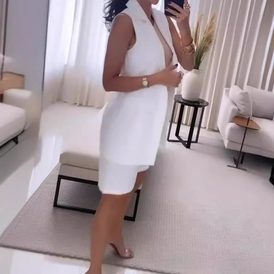 Women Two Piece Short Sets Sleeveless V Neck Elegant Blazer Turn Down Collar Shorts Suit White Elegant Summer Matching Sets