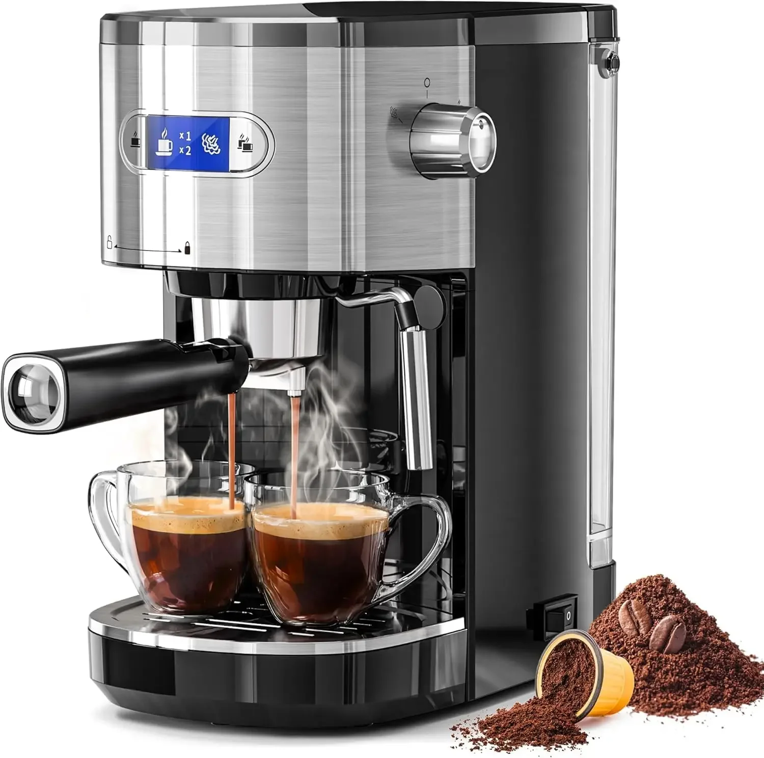 Espresso Machine, 20-Bar Professional Espresso Coffee Machine with Milk Frother & 45oz Removable Tank, Compact Stainless Steel