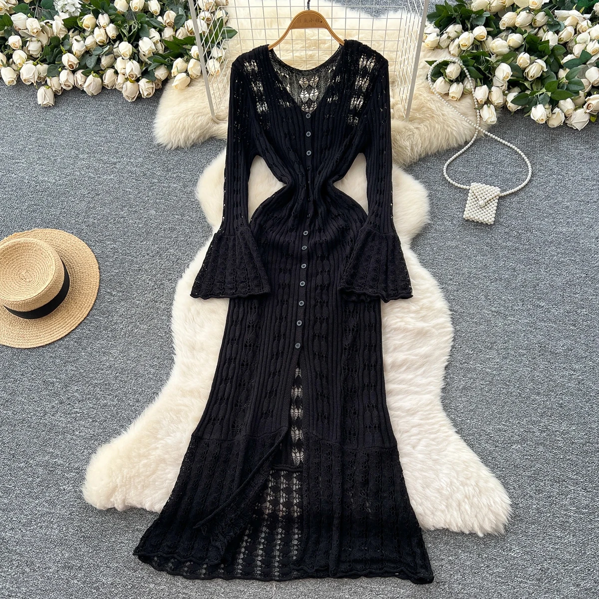 Cárdigan de manga acampanada calado de punto de estilo largo, cubierta de protección solar informal de moda, estilo ajustado para todas las estaciones