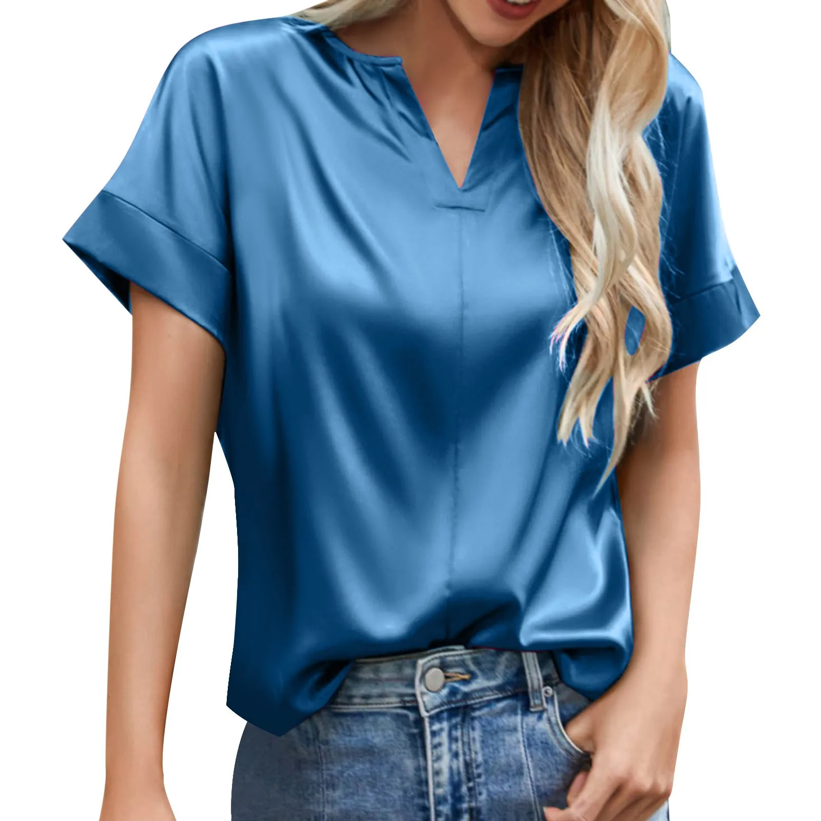 Women Summer Satin Silk Shirts Elegant Loose Office Lady V Neck Short Sleeve Tops Solid Commuter Blouses Rose Gold Green T Shirt