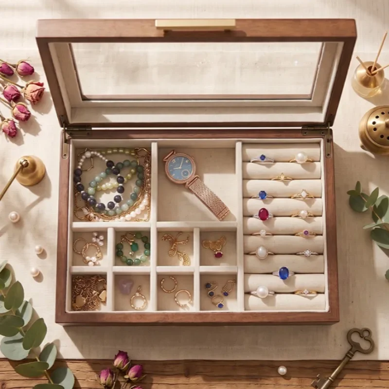 Solid Wood Jewelry Storage Box Transparent Cover Rings Storage Organizer Linen Lining Earrings Case Flip-top Bracelet Container