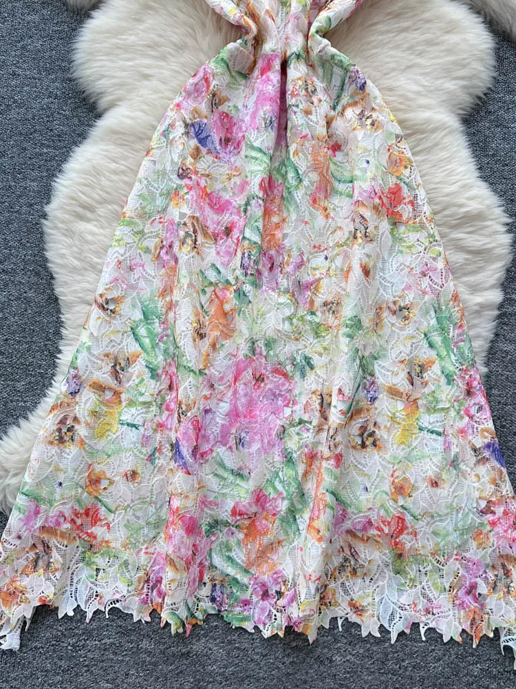 Ele Hollow out Embroidered Lace Strap Dr Women's High Waist A-Line Skirt ort Sve Summer Commute Korean Sle