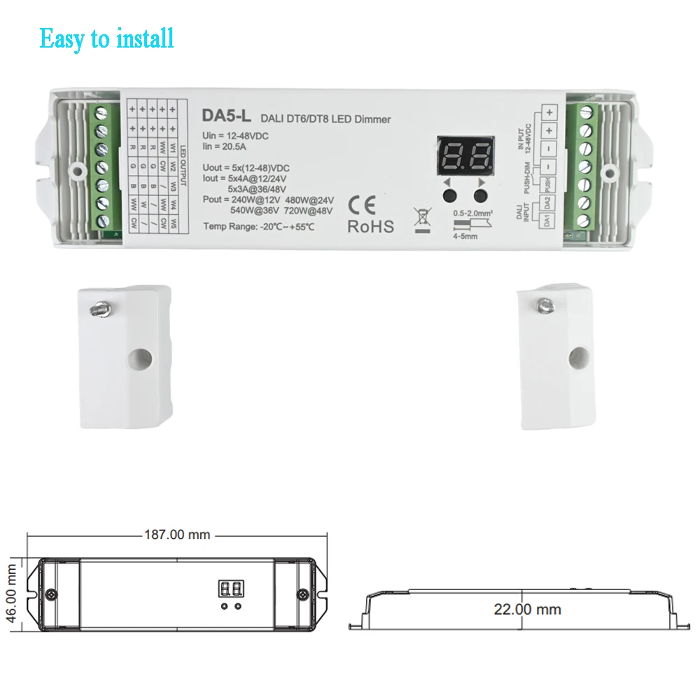 5 Channel Constant Voltage DALI LED Dimmer DT6 DT8 5 CH Independent Dimming With Push Switch Dimming Features 12V 24V LED Strip