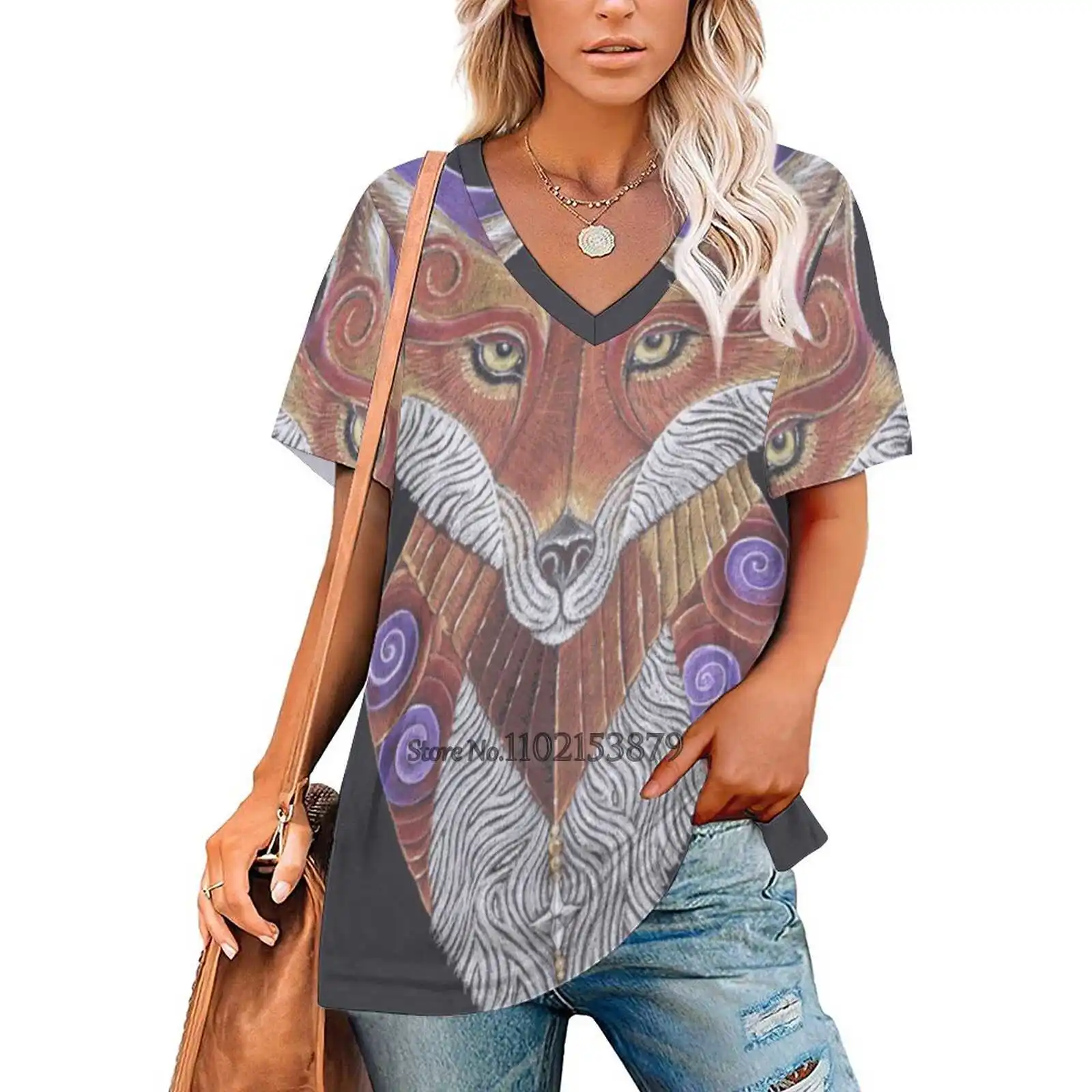 Fox Totem Women's T-Shirt Casual Short Sleeved Tops V-Neck Zipper Tee Ladies Loose T Shirts Spirit Animal Fox Spirit Animal Fox