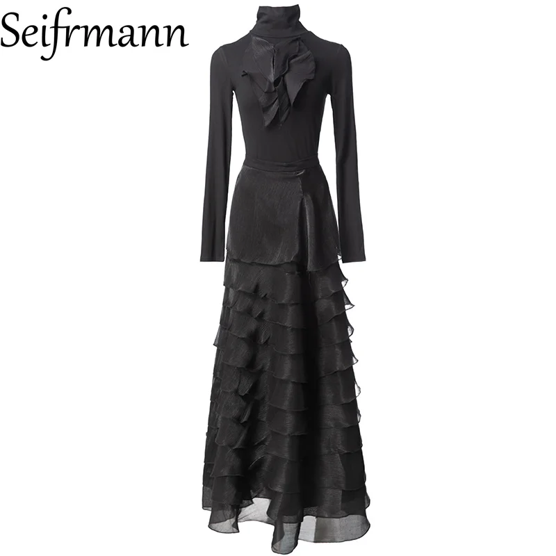 

Seifrmann 2026, весенний женский новый модный топ с высоким воротником и длинными рукавами + сетчатая полуюбка с листьями лотоса, комплект из двух предметов