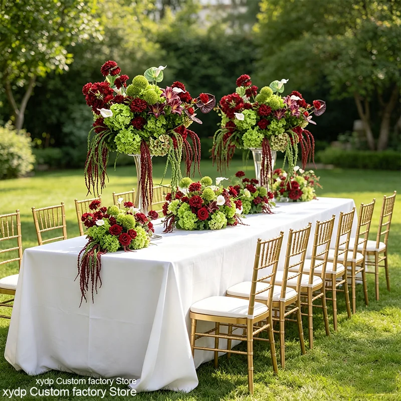 Künstliches Hortensien-Blumenarrangement in Burgunderrot und Grün, Hochzeitstisch-Mittelstück, Blumenball, Calla-Lilie, Amaranthus-Gras, Floristik – Detail 4