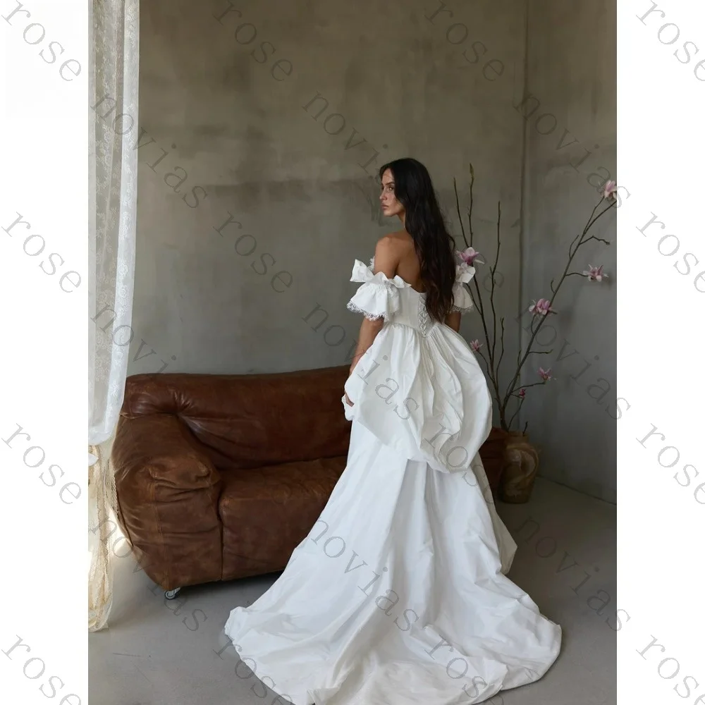 Customized Luxury Off Shoulder Satin Wedding Dress with Ruffled Edges Fluffy Sleeves Tight Corset Mermaid Bridal Gown for 2026