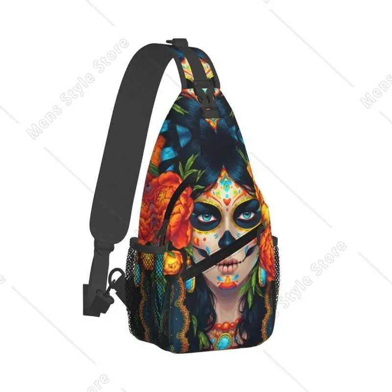 Custom Mexican Sugar Skull Lady Sling Chest Bag Custom Crossbody Shoulder Backpack for Men Cycling Camping Daypack