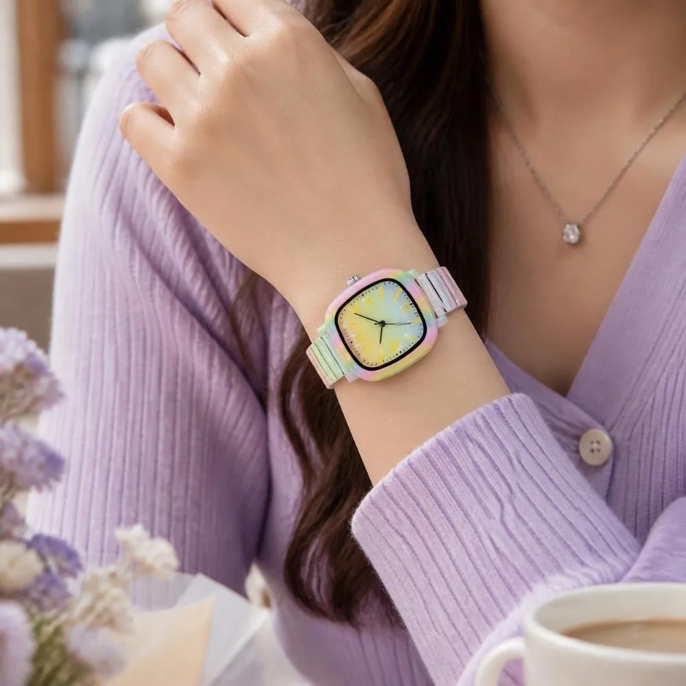 Stainless Steel Quartz Bracelet Watch Elastic Rainbow Gradient Square Wristwatch Floral Printed Colorful Stretch Strap Watch