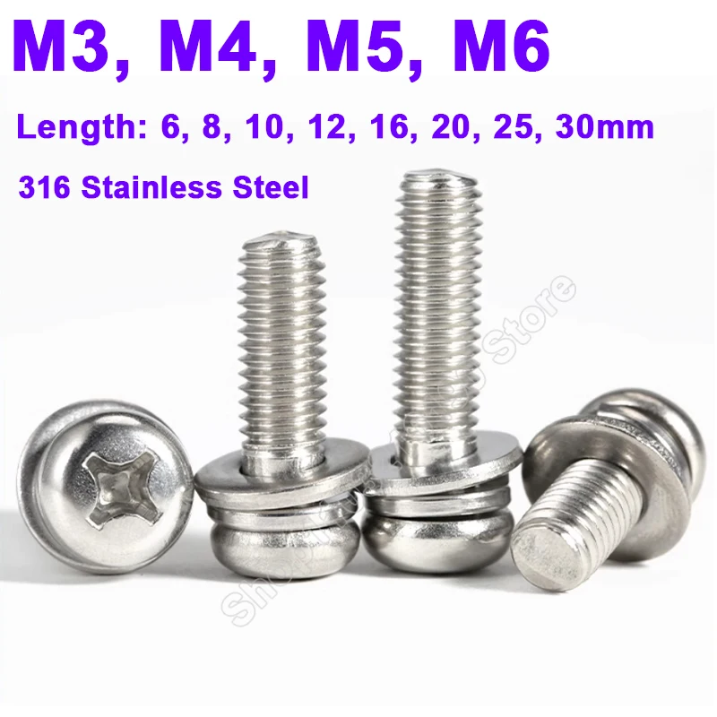 M3 M4 M5 M6 316 Stainless Steel Cross Round Phillips Pan Head SEM Screw Flat Washer Spring Gasket Three Combinated Assemble Bolt