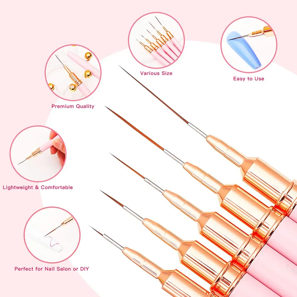 5pcs/set Nail Art Liner Brushes Set Elongated Striping Drawing Professional Nail Stripe Line Painting Flower Pen Manicure Tools